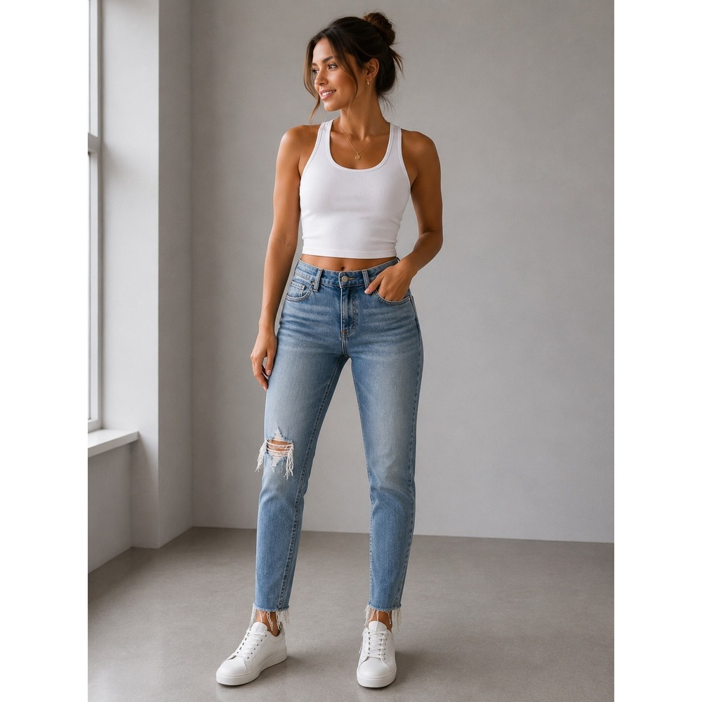 Rag & Bone June Dre Slim Boyfriend Jeans 26 Blue Distressed Raw Hem Denim - Picture 2 of 8